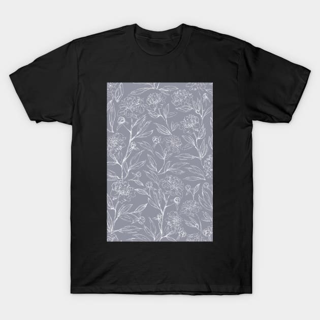 Sketched Peony White on Gray T-Shirt by JaanaHalme